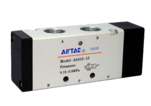 4A41015T AIRTAC CONTROL VALVE, 4A4 SERIES, SINGLE SOLENOID 4 WAY 2 POSITION AIR PILOTED, 1/2"NPT, NONE